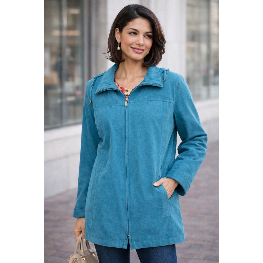 London Fog Teal Blue Hooded Zip Up Jacket Women's Medium Floral‎ Lined Weather